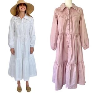 Mila Maxi Dress Size S CottageCore Pink Cutout Embroidered Long Sleeves Eyelet
